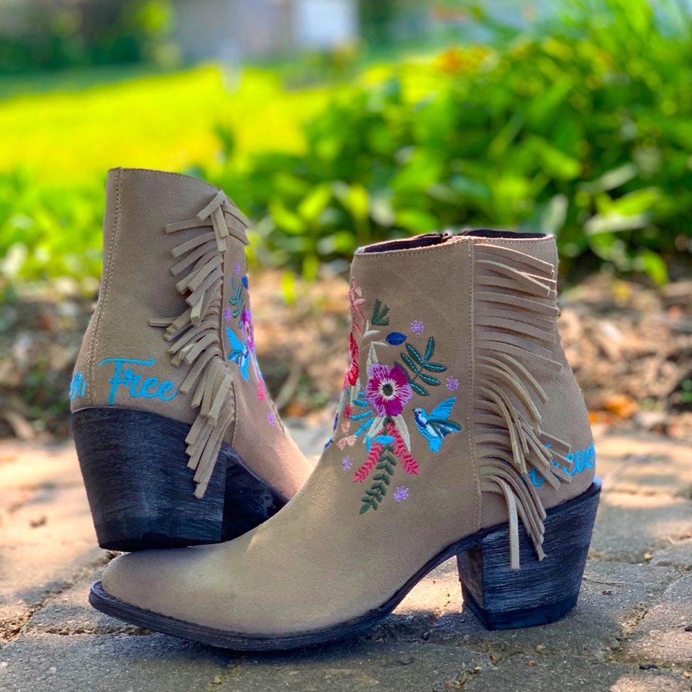 Fringe Embroidered Ankle Boots - Taupe